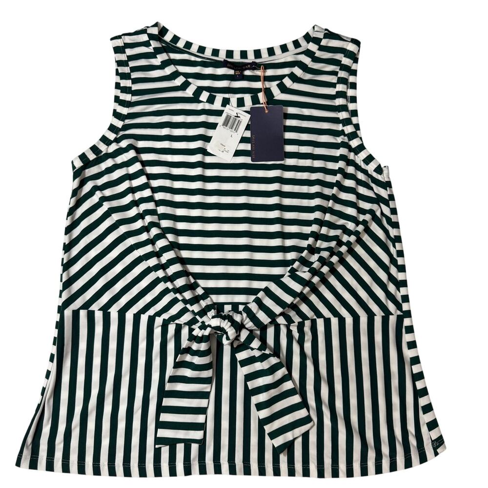 NWT SKIES ARE BLUE Top L Green White Stripe Sleeveless Tie Waist Soft Knit